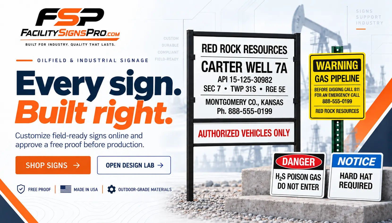 FacilitySignsPro lease, pipeline, Danger and Notice signs built for oilfield and industrial use