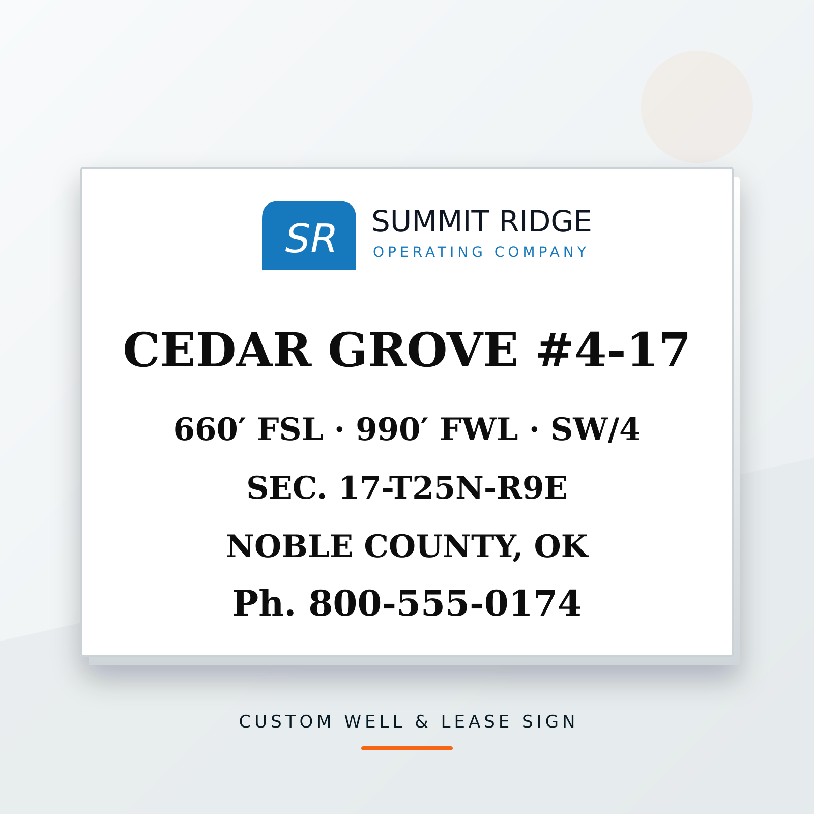 Custom white oilfield well and lease identification sign with operator and location information
